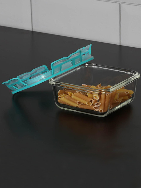 

Home Centre Transparent & Turquoise Blue Solid Glass Food Container 550 Ml