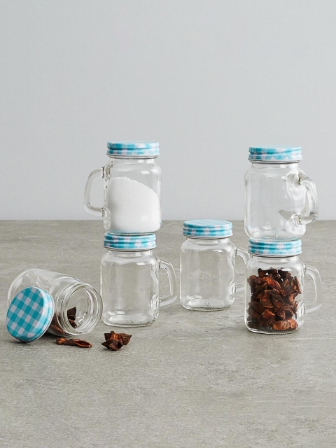 

Home Centre Set Of 6 Transparent & Blue Peroni Cuba Printed Mason Jar set