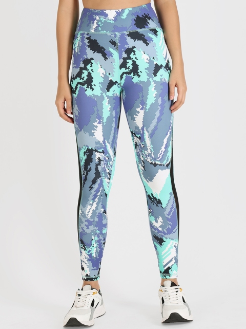 

ATHLISIS Women White & Blue Printed Ankle-Length Fitness Tights with Phone Pocket