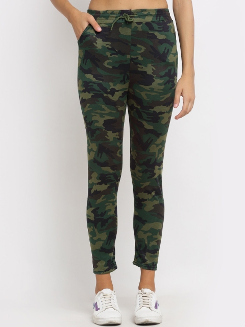 

NEUDIS Women Olive Green & Brown Camouflage Printed Slim-Fit Track Pants