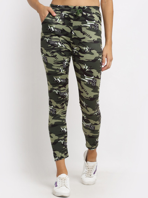 

NEUDIS Women Olive Green & Black Camouflage Printed Slim-Fit Cotton Track Pants