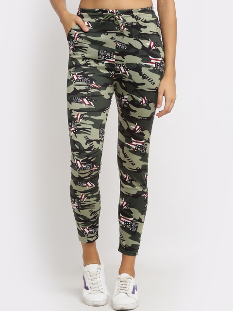 

NEUDIS Women Oilve Green & White Camouflage Printed Slim-Fit Track Pants, Olive