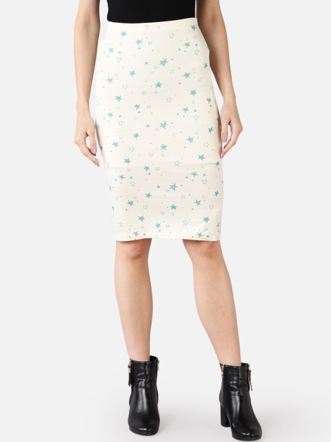 

FIVE STONES Women Cream-Coloured & Turquoise Blue Printed Knee-Length Pencil Skirt