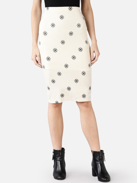

FIVE STONES Women Cream-Coloured & Black Printed Pencil Skirt