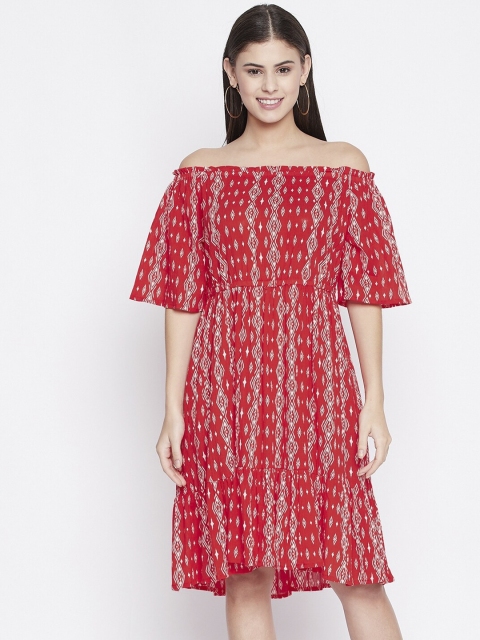 

Ruhaans Women Red & White Printed Off-Shoulder A-Line Dress