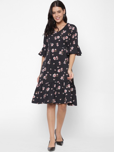

Twenty3 Women Black & Peach-Coloured Floral Printed Georgette Wrap Dress