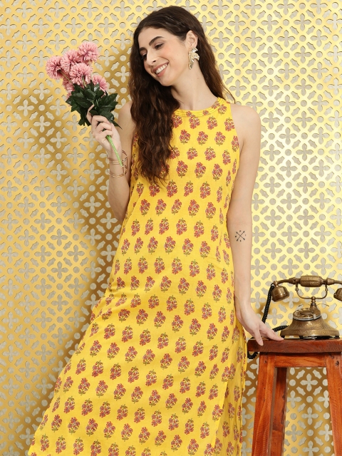 

Ode by House of Pataudi Women Yellow Ethnic Motifs Print Pure Cotton Rozana Straight Kurta