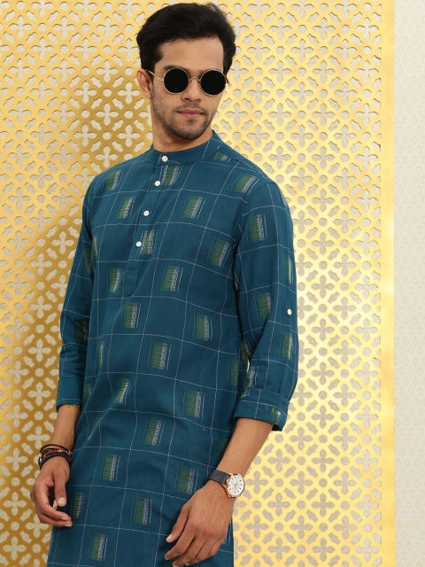 

Ode by House of Pataudi Men Blue Checked Kurta