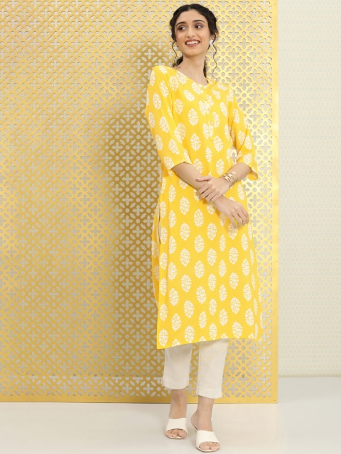 

Ode by House of Pataudi Women Yellow & White Ethnic Motifs Printed Rozana Kurta