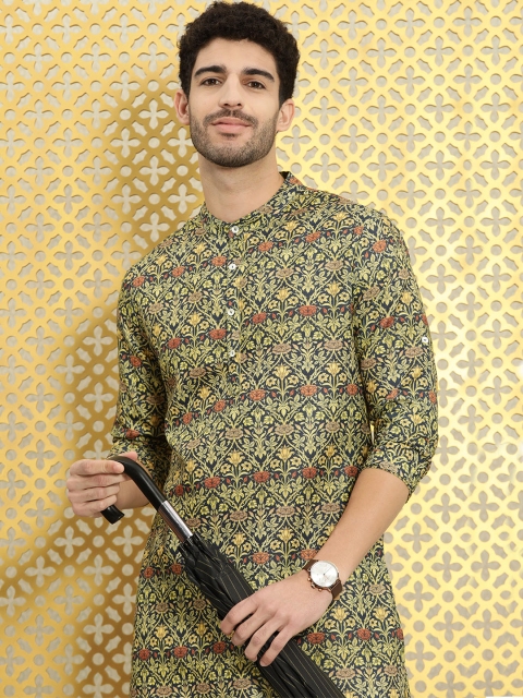 

Ode by House of Pataudi Men Navy & Yellow Ethnic Motifs Print Straight Kurta, Navy blue
