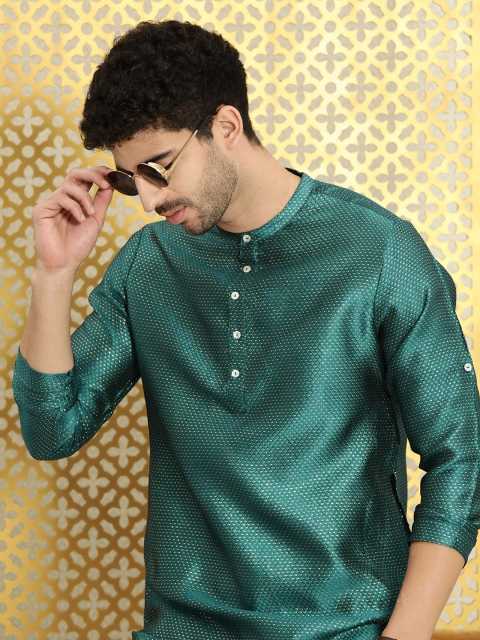 

Ode by House of Pataudi Men Teal Green & Golden Woven Design Straight Kurta