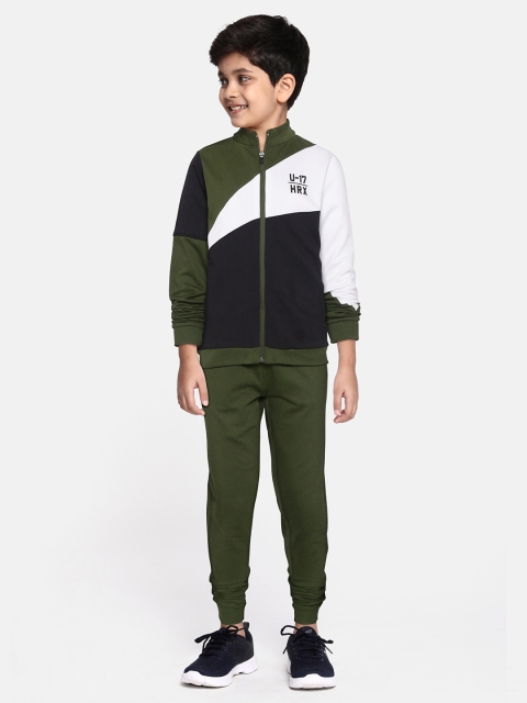 

HRX by Hrithik Roshan Boys Olive Green & Black Colourblocked Tracksuit