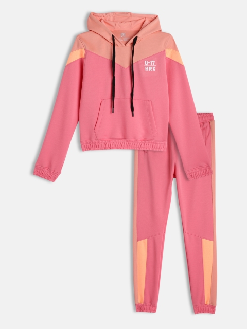 

HRX By Hrithik Roshan U-17 Active Girls Pink & Peach Colourblocked Tracksuit