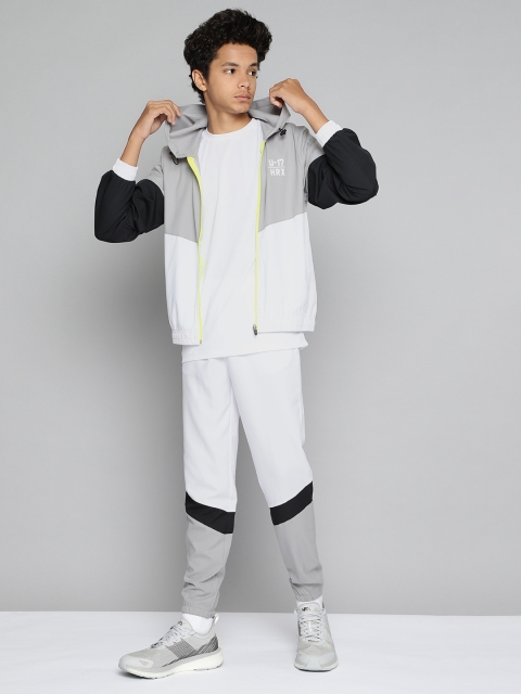 

HRX by Hrithik Roshan U-17 Boys Grey & White Rapid-Dry Colourblocked Tracksuit