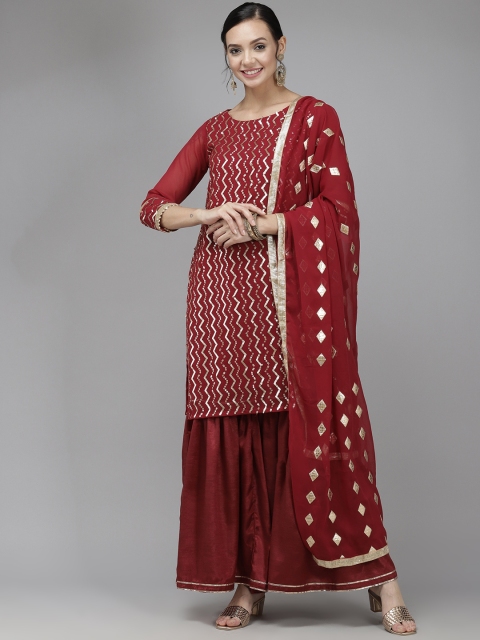 

Indo Era Women Red Sequinned Regular Gotta Patti Kurta with Sharara & Dupatta