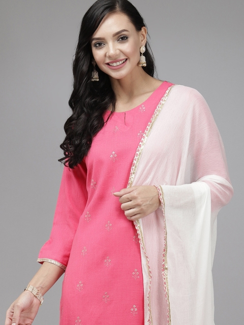 

Indo Era Women Pink & White Floral Embroidered Kurta with Trousers & Dupatta