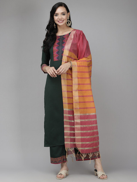 

Indo Era Women Green Regular Thread Work Kurta with Palazzos & Dupatta