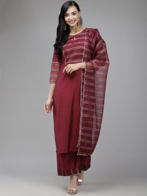 

Indo Era Women Maroon Yoke Design Regular Gotta Patti Kurta with Palazzos & Dupatta