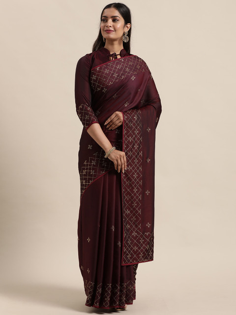 

Shaily Burgundy Embellished Beads and Stones Satin Heavy Work Saree