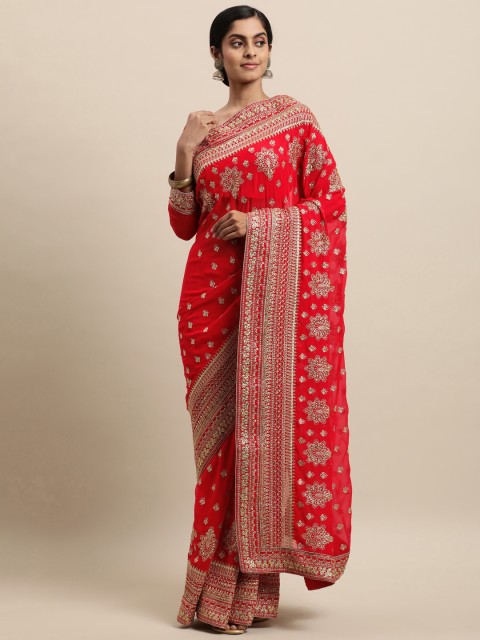 

Janasya Red Embellished Beads and Stones Saree