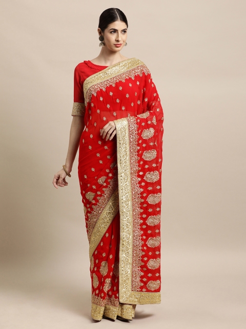 

Janasya Red Embellished Beads and Stones Saree