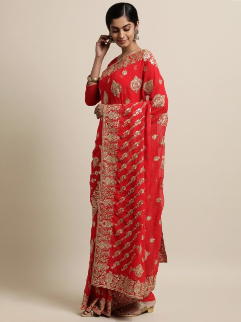 

Janasya Red Embellished Beads and Stones Saree