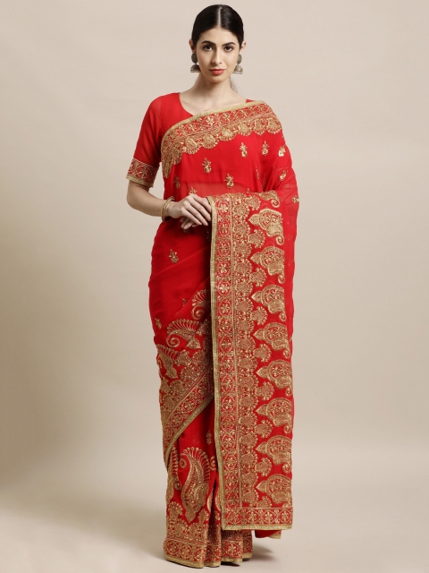 

Janasya Red & Gold-Toned Embellished Beads and Stones Saree