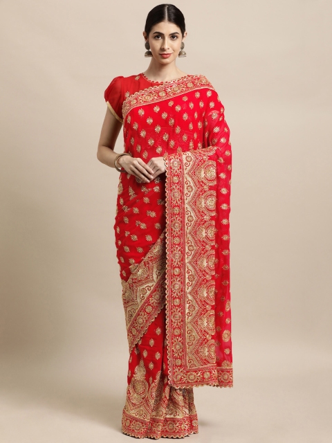 

Janasya Red & Gold-Toned Embellished Beads and Stones Saree