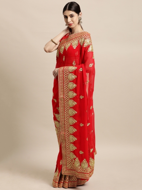 

Janasya Red & Gold-Toned Embellished Beads and Stones Saree
