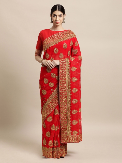

Janasya Red & Gold-Toned Embellished Beads and Stones Saree