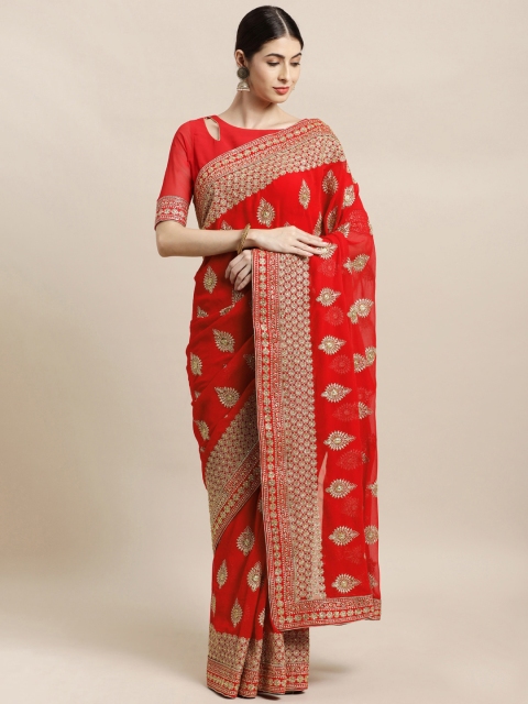 

Janasya Red & Gold-Toned Embellished Beads and Stones Saree