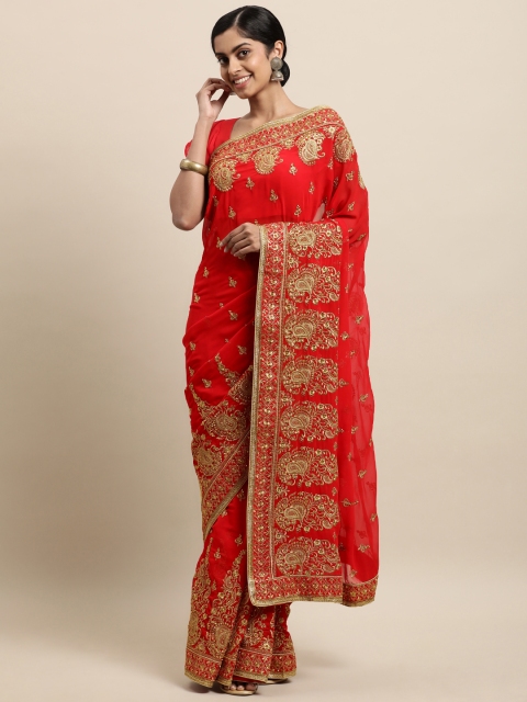 

Janasya Red & Gold-Toned Embellished Beads and Stones Saree