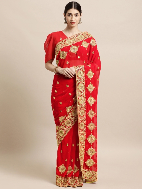 

Janasya Red & Gold-Toned Embellished Beads and Stones Saree