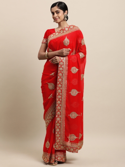 

Janasya Red & Gold-Toned Embellished Beads and Stones Saree