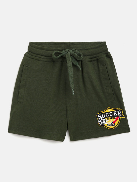 

GOJI Boys Olive Green Solid Cotton Shorts with Applique Detail