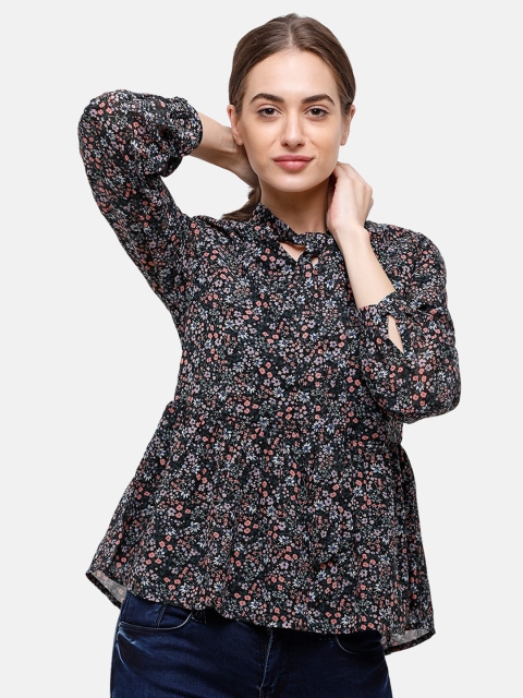 

Double Two Black & Peach-Coloured Floral PrintedTie-Up Neck Peplum Top