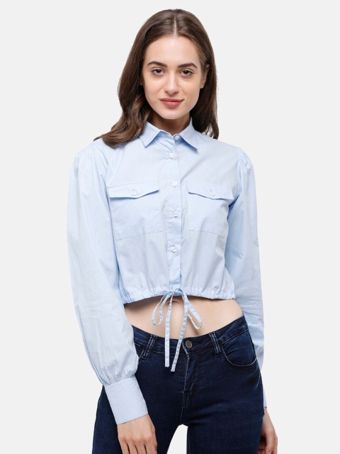 

Double Two Blue Solid Shirt Style Crop Top