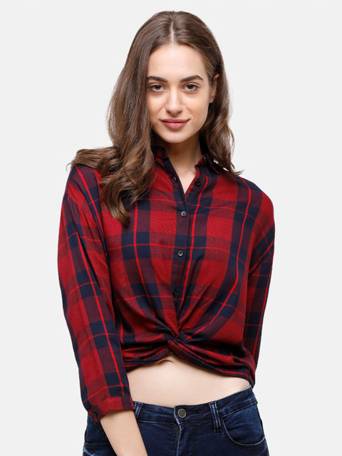 

Double Two Red & Navy Blue Checked Twisted Shirt Style Crop Top