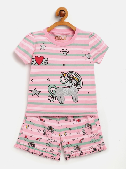 

GOJI Girls Pink & Sea Green Conversational Printed Night Suit