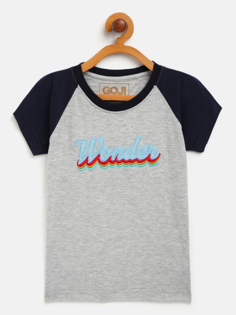 

GOJI Boys Grey Melange & Navy Blue Cotton Typography Applique T-shirt