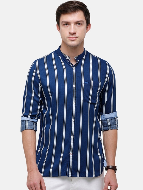 

Double Two Men Blue Slim Fit Opaque Striped Casual Shirt