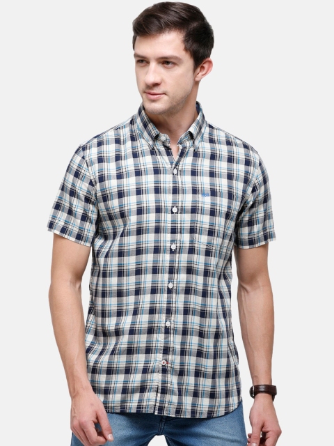 

Double Two Men Blue Slim Fit Opaque Checked Casual Shirt
