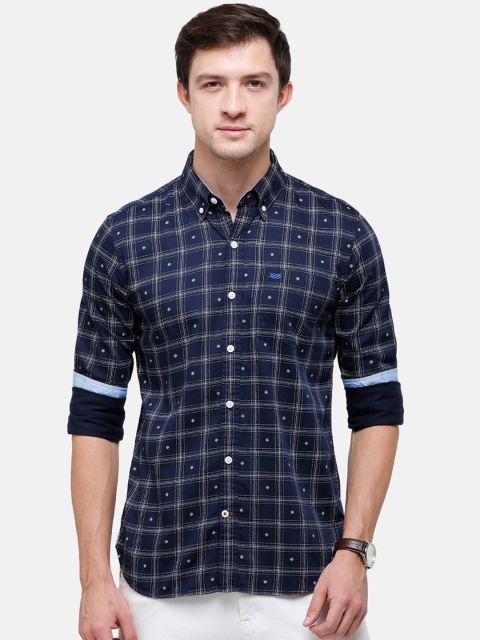 

Double Two Men Blue Slim Fit Windowpane Checked Casual Shirt