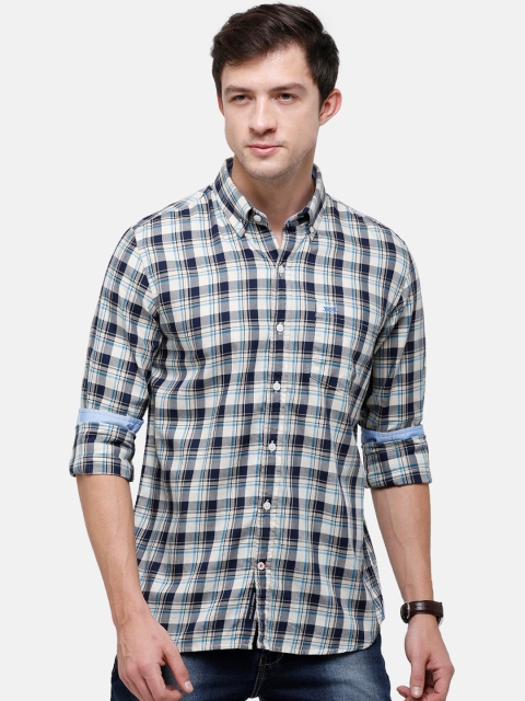 

Double Two Men Blue Slim Fit Opaque Checked Casual Shirt