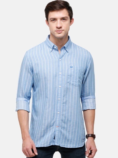 

Double Two Men Blue Slim Fit Opaque Striped Casual Shirt