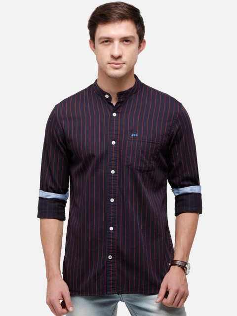

Double Two Men Blue Slim Fit Opaque Striped Casual Shirt