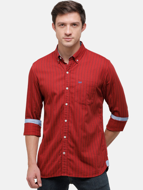 

Double Two Men Orange Slim Fit Opaque Striped Casual Shirt