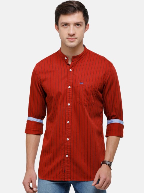 

Double Two Men Orange Slim Fit Opaque Striped Casual Shirt