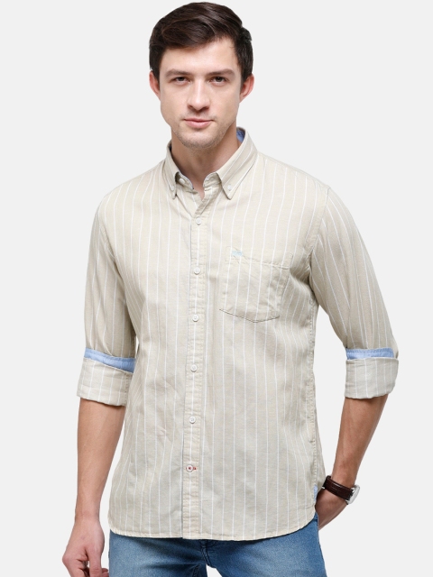 

Double Two Men Beige Slim Fit Opaque Striped Casual Shirt