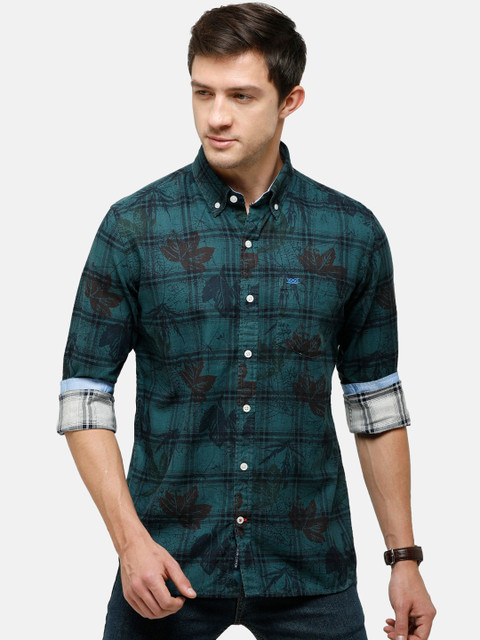 

Double Two Men Green Slim Fit Opaque Checked Casual Shirt